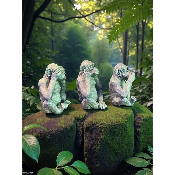 See No Evil Monkey Trio-Hand Carved Wood Figurines-Silver Painted Set-Hear-Speak - Picture 5 of 8